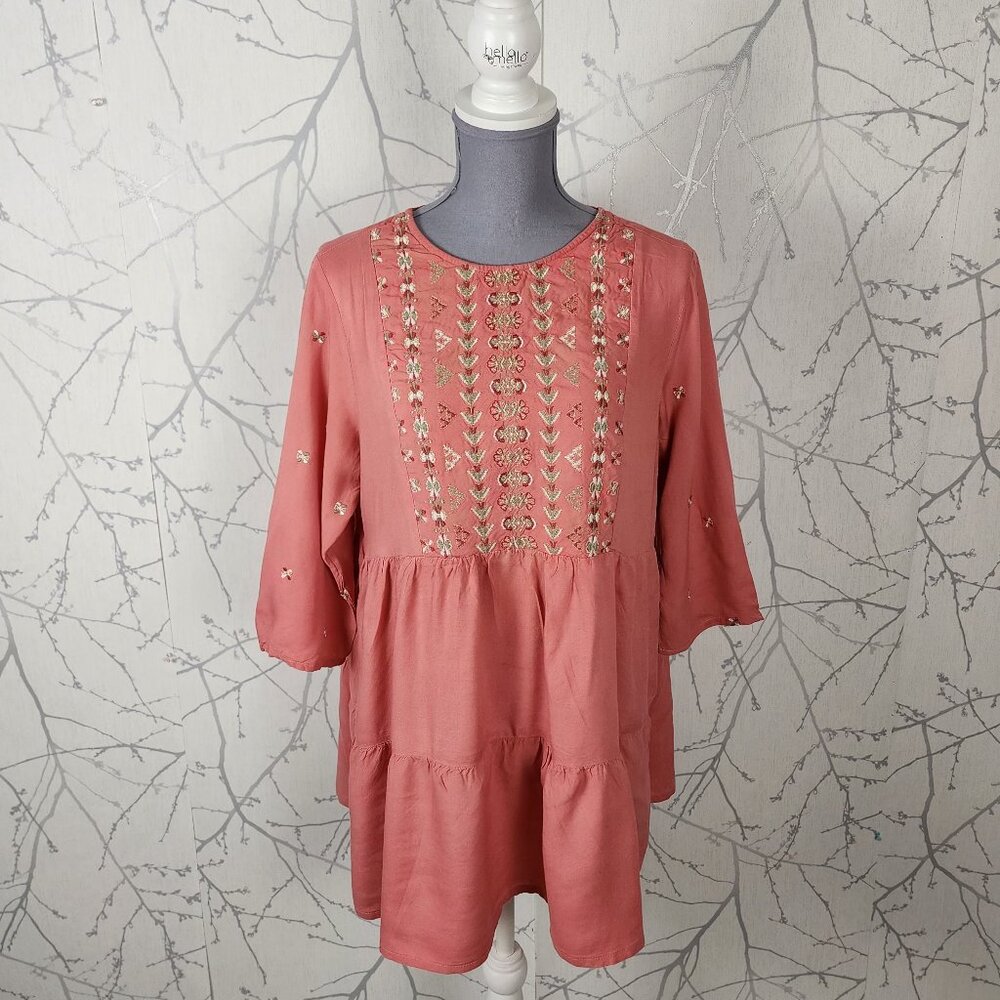 Max Salmon Pink Embroidered Bib Tiered Tunic